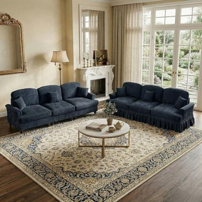 Modular Sectional Sofa Couch, Comfy Chenille Sofa with Removable Ruffled Skirt, Flared Armrests, Sturdy Legs, Convertible 3-Seat for Living Room, Bedroom, Apartment (Blue) - color: Blue, size: 107.1 Inch