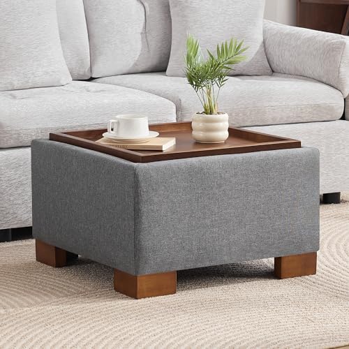 WUTUTUEE 24" Square Ottoman Coffee Table with Storage, Fabric Ottomans with Tray and Solid Wood Legs for Living Room, Bedroom and Apartments, Small Modern Ottoman Tea Table with Lift-Off Lid, Grey - color: 24'' Grey Fabric