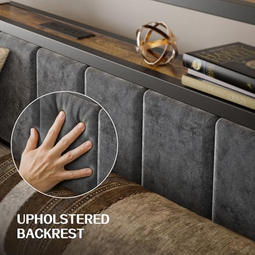 Liians Full Size Bed Frame with LED Lights, Charging Station | Platform Bed with Grey Upholstered Headboard, 2-Tier Storage Shelf, Noise Free, No Box Spring Needed - size: Full