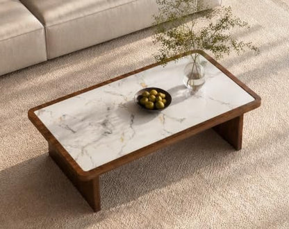 47.24" Solid Wood Coffee Table with Sintered Stone Top, Mid-Century Modern Design, Walnut Living Room Tea Center Table - color: Style 5: White Walnut