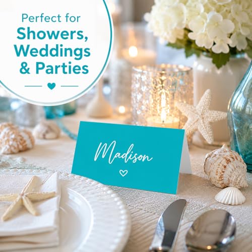 Andaz Press Table Tent Printable Place Cards, Aqua 20-Pack Seat Placement Cards Blank Place Cards Table Settings Name Cards for Baby Bridal Wedding Shower School Graduation Food Cards Blue Place Cards - color: Aqua