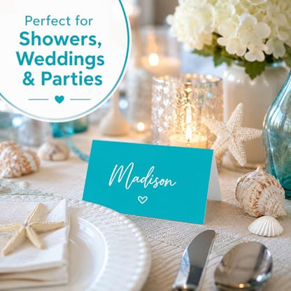 Andaz Press Table Tent Printable Place Cards, Aqua 20-Pack Seat Placement Cards Blank Place Cards Table Settings Name Cards for Baby Bridal Wedding Shower School Graduation Food Cards Blue Place Cards - color: Aqua
