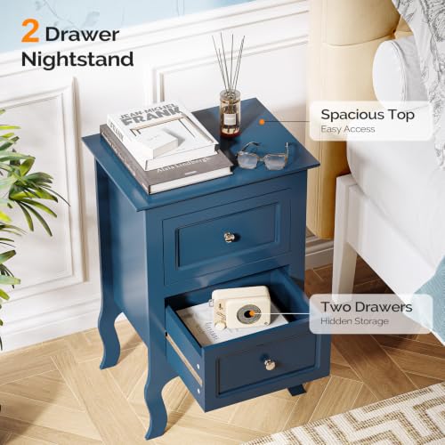 Bonnlo Blue Nightstand Set of 2, Blue Night Stands with Drawers for Bedroom, Kids Room, Living Room, Wood, 15.75" W x 11.8" D x 23.6" H - color: Navy Blue