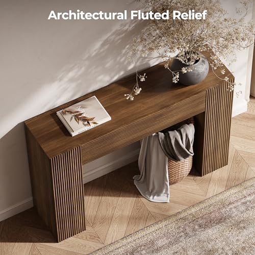 43" Fluted Modern Console Table with Storage, Narrow Entryway Table, Walnut | Skinny Console Tables for Entryway, Small Entryway Table, Farmhouse Sofa Table Behind Couch for Living Room,Hallway,Entrance - color: Walnut