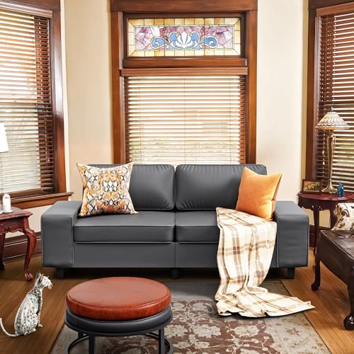 84" Leathaire Loveseat Couch, 3 Seater Retro Sofa with 4 Side Pockets, Removable and Washable Cushions, Living Room，Apartment, Office (Dark Grey) - color: Dark Grey Leathaire, size: 84 "