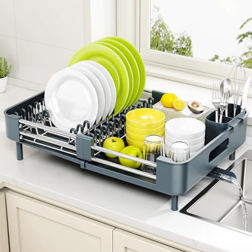 Urackify Extendable Stainless Dish Drying Rack for Kitchen Counter | 13.78"W x 18.7"L, Foldable Drainboard for Space Saving, Knife and Utensil Holder, Fast-draining Spout, Dark Slate Teal - color: Dark Slate Teal