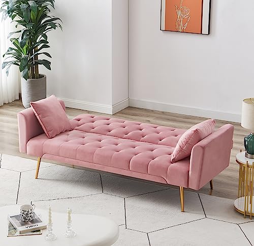 Anwick 72''Modern Velvet Sofa Bed Futon,Convertible Folding Sleeper Couches with 3 Adjustable Backrests,Tufted Recliner Loveseat with Golden Chrome Legs for Living Room Apartment Office (Pink) - color: Pink+pillows