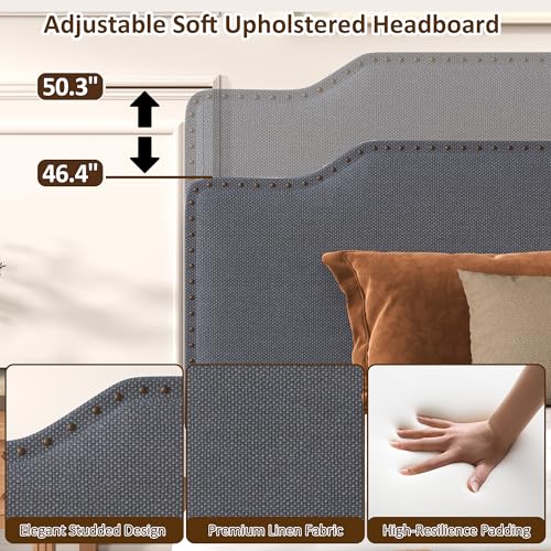 Queen Size Bed Frame with Upholstered Headboard, Platform Bed with Soft Linen Adjustable Headboard | Elegant Studded Design | Wooden Slats | No Box Spring Needed, Queen Bed Frame Dark Grey - color: Dark Grey, size: Queen (U.S. Standard)