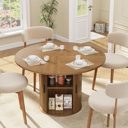 IDEALHOUSE 47 Inch Round Dining Table for 4, Walnut | With 2-Tier Shelf and Wood Slide Door, Pedestal Dinner Table Space Saving, T-Shape Base, Dining Room, Classic Walnut Finish - color: Walnut