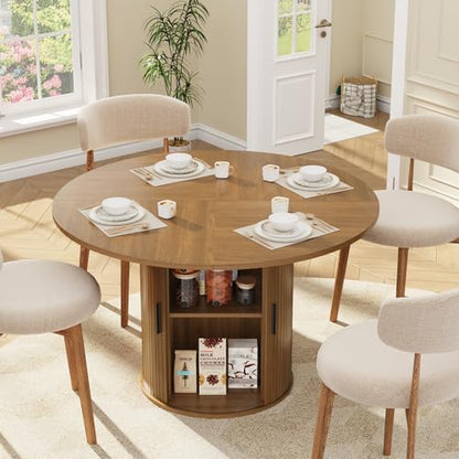 IDEALHOUSE 47 Inch Round Dining Table for 4, Walnut | With 2-Tier Shelf and Wood Slide Door, Pedestal Dinner Table Space Saving, T-Shape Base, Dining Room, Classic Walnut Finish - color: Walnut