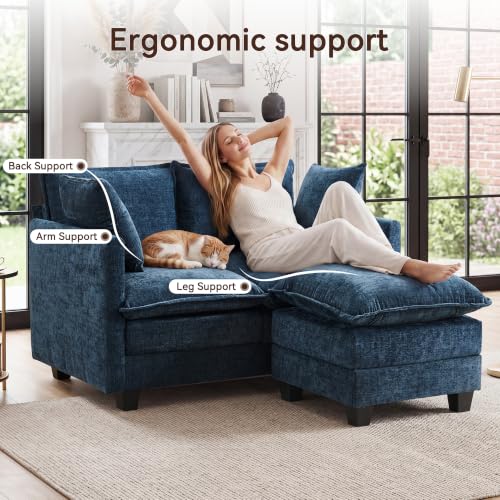 50" Loveseat Sofa with Ottoman, Cloud 2-Layer Cushion & 27" Deep Seat, Modern Love Seat Small Couch with 2 Washable Pillows for Small Spaces, Bedroom, Apartment, Office, Living Room, in a Box, Blue - color: Blue, size: Loveseat with Ottoman
