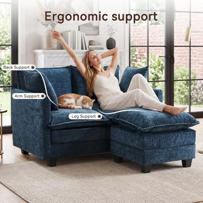 50" Loveseat Sofa with Ottoman, Cloud 2-Layer Cushion & 27" Deep Seat, Modern Love Seat Small Couch with 2 Washable Pillows for Small Spaces, Bedroom, Apartment, Office, Living Room, in a Box, Blue - color: Blue, size: Loveseat with Ottoman