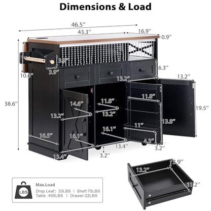 46.5'' Farmhouse Kitchen Island with Charging Station, Drop Leaf & Bead Drape - Mobile Rolling Cart, Ample Storage, Rustic Wood Grain Countertop for Compact Spaces (Black+Brown) - color: Black+brown)