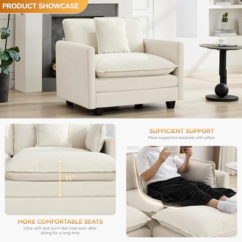 WUTUTUEE 41'' Modern Chenille Oversized Chair, Upholstered Accent Living Room Chair with Extra Thicked Deep Seat, Single Lounge Chair for Bedroom, Small Apartment, Beige - color: Beige, size: 41'' Single Seat