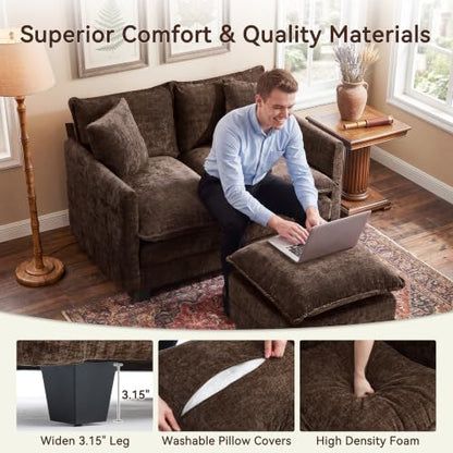 50" Love Seat with Ottoman, Small L Shape Cloud Sofa Couch, 2-Layer Cushion & 27" Deep Seat, 2 Pillows for Small Spaces, Bedroom, Apartment, Office, Living Room, Brown - color: Brown, size: Loveseat with Ottoman
