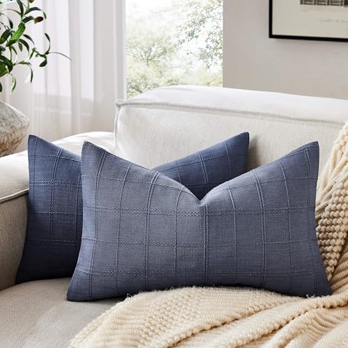 Linen Checked Lumbar Throw Pillow Covers Set of 2, 12x20 Inch Allover Grid Blue, Farmhouse Decorative Double Sided Grid Embroidered Couch Pillow Cases Blue Cotton Linen Cushion Covers - color: Allover Grid Blue, size: 20" x 12" (Pack of 2)
