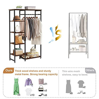 VECELO Open Garment Clothing Rack, Free-Standing Heavy Duty Storage Closet with 5 Shelves and Hanging Rod for Small Spaces, Max Load 350LBS, Brown - color: Dark Brown