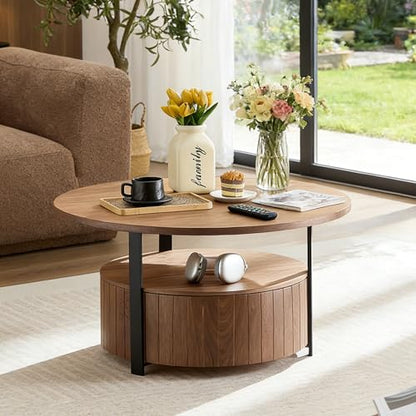 33.07" Round Coffee Table with Storage, 2 Tier Modern Wood Center Table with Drawer, 2 Tiers and 1 Drawer, Accent Table for Living Room, Apartment, Small Space.(Walnut) - color: Walnut-a