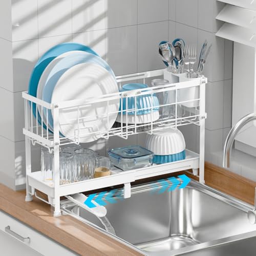 Narrow 2 Tier Dish Drying Rack - Expandable for Small Kitchens & RVs | Compact 7 in Deep, Expands 15.7-20.7 in, 360° Rotating Drain Spout, Removable Utensil Holder, Ideal for 1-2 People, White - color: White, size: Small - 20.7"L x 7"D x 12.6"H