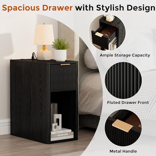 Homleke Narrow End Table with Fluted Drawer & Charging Station | Compact Nightstand with USB Ports & Outlets, Bedside Table for Bedroom, Living Room, Modern Accent Table, Black - color: Black