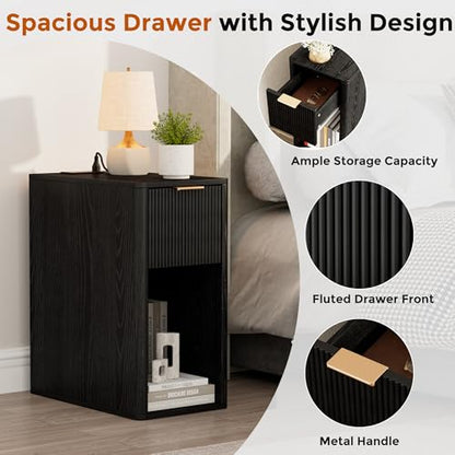 Homleke Narrow End Table with Fluted Drawer & Charging Station | Compact Nightstand with USB Ports & Outlets, Bedside Table for Bedroom, Living Room, Modern Accent Table, Black - color: Black