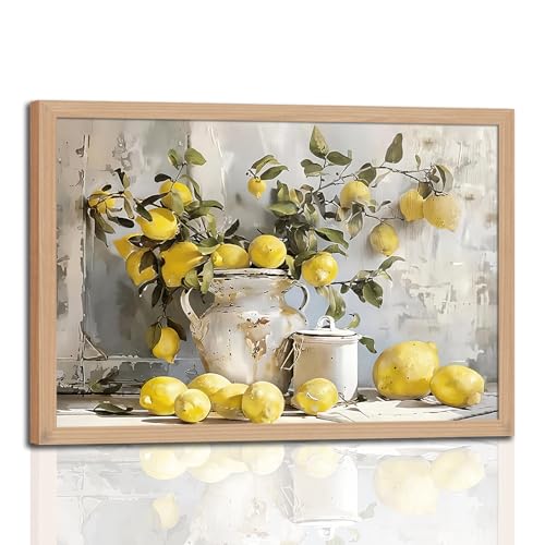 Framed Lemon Kitchen Wall Art Vintage Mustard French's Yellow Lemon Kitchen Rustic Oil Canvas Paintings Posters Prints for Dining Living Room Bedroom Preparing to hang 12x16in - color: Lemon, size: 12x16 Inches