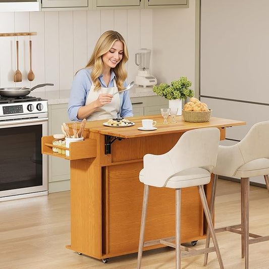DHH Rolling Kitchen Island with Drop Leaf Countertop&Ample Storage - 39.4" Small Mobile Kitchen Cart On Wheels with Sliding Door,Drawers,Spice Rack & 2-Tier Storage (Yellow Walnut) - color: Yellow Walnut