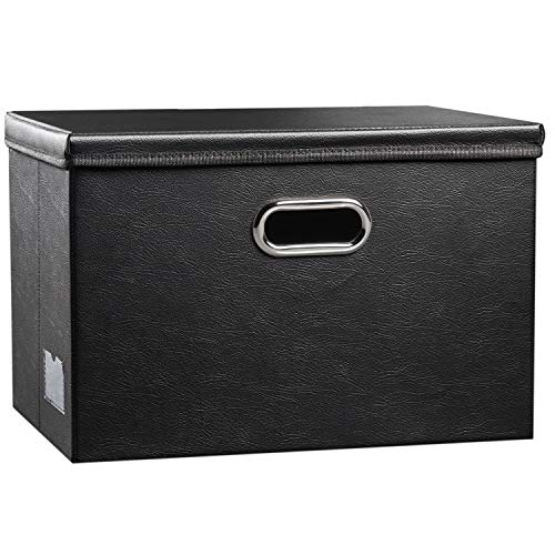 Large Collapsible Storage Bin with Lid [1-Pack] Leather Fabric Foldable Storage Box Organizer Containes Basket Cube with Cover for Home Bedroom Closet Office Nursery Black (17.7x11.8x11.8) - color: Black, size: Large(1-Pack)