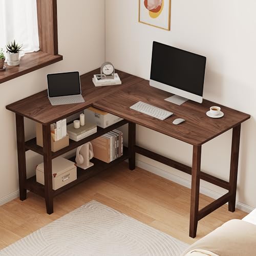 IOTXY 45" Reversible L-Shaped Office Desk with Storage Shelves, Walnut | Solid Rubberwood Legs, 0.6" MDF Desktop, Reversible 2-tier Shelves, Compact Corner Computer Table for Small Spaces - color: Walnut, size: 45-inch