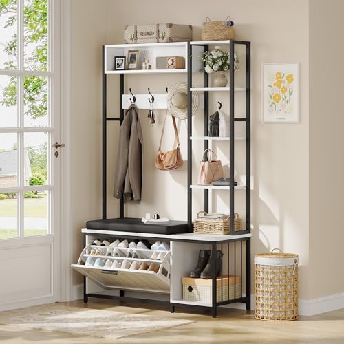 Hall Tree Coat Rack, Hall Tree With Bench and Shoe Storage Shoe With, Mud Room Storage Furniture，39.37 X 15.74 X 69.69 Inches, Rustic White - color: White