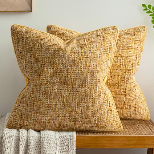 A Moment Bright Yellow Reversible Pillow Covers 2 Pack - Farmhouse Chenille Velvet Throw Pillows, Neutral Textured Decorative Throw Pillow Covers with Border for Couch Sofa Bed (18x18 Inch, No Insert) - color: Bright Yellow, size: 18" x 18" (Pack of 2)