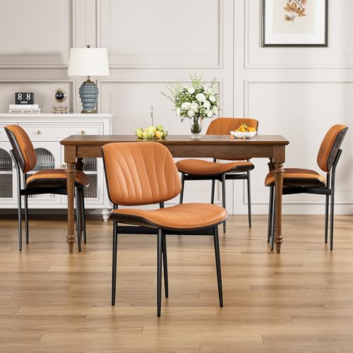YaFiti Mid Century Dining Chairs Set of 2 with Walnut Bentwood, Orange | Ergonomic Walnut Backrest, Upholstered Waterproof PU Leather Seat, Stable Metal Legs, Adjustable Footpads, Apartment Friendly - color: Orange Scallop