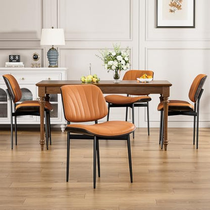 YaFiti Mid Century Dining Chairs Set of 2 with Walnut Bentwood, Orange | Ergonomic Walnut Backrest, Upholstered Waterproof PU Leather Seat, Stable Metal Legs, Adjustable Footpads, Apartment Friendly - color: Orange Scallop