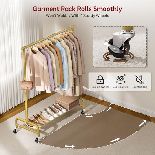 SLEEPING LAMB Heavy Duty Clothes Racks for Hanging Clothing Rack, 43" Wide Rolling Garment Rack Metal Wardrobe Rack with Wheels Closet Hanger Rack for Coats, Shirts, Dress (Gold) - color: Gold, style: Single Rod