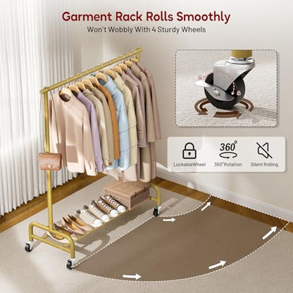 SLEEPING LAMB Heavy Duty Clothes Racks for Hanging Clothing Rack, 43" Wide Rolling Garment Rack Metal Wardrobe Rack with Wheels Closet Hanger Rack for Coats, Shirts, Dress (Gold) - color: Gold, style: Single Rod