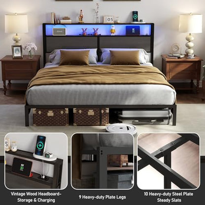 RVONOW King Size Bed Frame with 2-Tier Storage Headboard, Dark Grey | Wooden headboard with LED lights, built-in charging station, No Box Spring Needed, Noise Free, Easy Assembly, Modern Bedroom - color: Dark Grey, size: King
