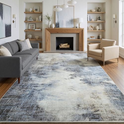 4x6 Modern Abstract Washable Area Rug for Living Room Soft Non-Slip | Low Profile Rugs for Bedroom, Cool Floor Carpet for Dining Room, Office, Kids Nursery Home Decor, Misty Blue Beige Gray - color: Mineral Gray, size: 4' x 6' (Rectangular)