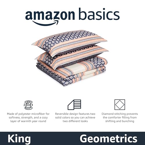 Amazon Basics Lightweight Microfiber Comforter Set, 3-Piece, Gray Geometrics, King - color: Harmonized Geometrics, size: King