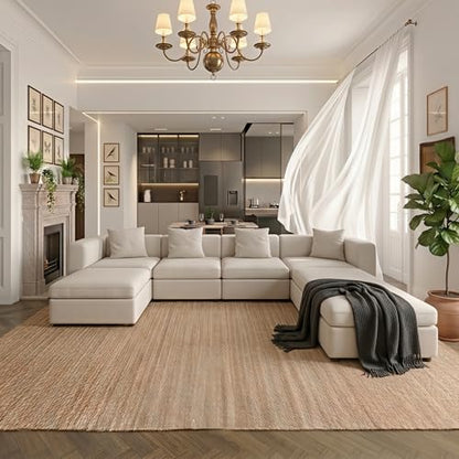 Miuuod 7 Seater Oversized Modular Sectional Sofa L Shape Convertible Couch with 3 Ottomans Deep Seat Upholstered Sleeper Sofa with Hidden Storage Family Living Room Furniture Beige - color: Beige, style: 7 Seats（4 Seats with 3 Ottomans）