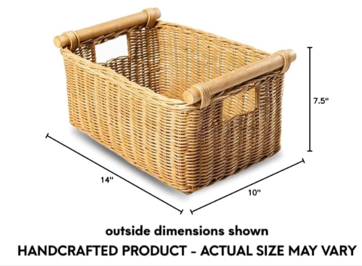 The Basket Lady Pole Handle Wicker Storage Basket, S, Sandstone | Outside: 14" L x 10" W x 7.5" H | Inside: 12"L x 8.5"W x 7"H - Handcrafted by artisans from natural rattan - color: Sandstone, size: Small