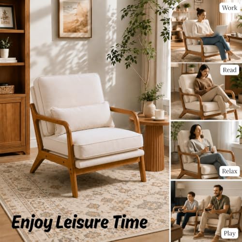 Karl home Mid-Century Accent Reading Chairs Set of 2, Beige | Chenille Upholstered, Solid Wood Frame, Soft Cushion, Lumbar Pillow, Lounge Armchair for Living Room, Bedroom, Balcony, Study - color: Chenille Beige