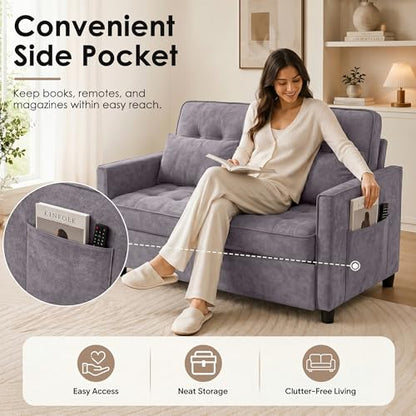 Dreamzie 55'' 3 in 1 Convertible Sofa Bed with USB Charging Ports, Pull Out Couch with Adjustable Backrest and Side Pockets, Sleeper Sofa for Living Room, Apartment, RV, Easy Assembly - Grey - color: Grey