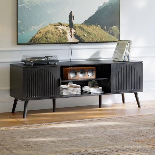 ChooChoo TV Stand with Open Shelves for 55/60 Inch TVs, Mid Century | 15.7"D x 53.9"W x 19.4"H, Entertainment Center with Storage Cabinet, 2 Cable Holes, for Living Room, Bedroom, Black - color: Black, size: 15.7"D x 53.9"W x 19.4"H