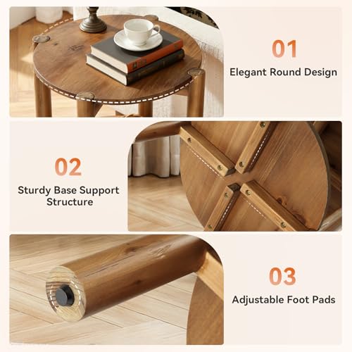 Solid Wood Round Side Table, 2-Tier Small End Table with Storage Shelf, Farmhouse Rustic Nightstand for Living Room, Bedroom, Small Spaces, Easy Assembly (1 PC, Natural Brown)