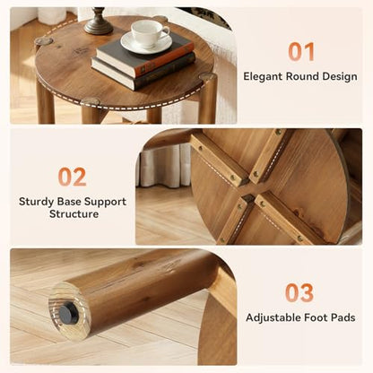 Solid Wood Round Side Table, 2-Tier Small End Table with Storage Shelf, Farmhouse Rustic Nightstand for Living Room, Bedroom, Small Spaces, Easy Assembly (1 PC, Natural Brown)