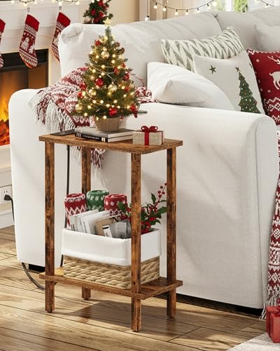 TUTOTAK Narrow Side Table, 2-Tier Small End Table with Charging Station | Skinny Sofa Table, Slim Nightstand, Easy Assembly for Living Room, Bedroom, Pure Brown TB01BB060C - color: Pure Brown, size: 2-tier