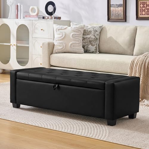48" Ottoman with Storage, Light Black Storage Ottoman Bench | Upholstered Entryway Bench with Seating for Bedroom, Living Room with Safety Hinge, Holds up to 330 lb - color: Light Black, size: 19.7"D x 48"W x 16.9"H
