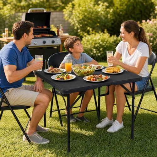 Goplus 34” Folding Table, Square Foldable Card Table, Indoor Outdoor Use, Fold-in-Half Portable Table with Carrying Handle, Plastic Table for Picnic Camping RV Travel Crafting Dining (Black) - color: Black