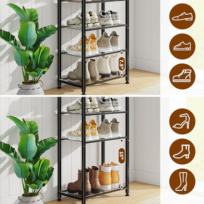 Simple Trending 8 Tiers Shoe Rack 16 Pairs Tall Wooden Shoe Shelf, Black | Wooden Plank Shoe Shelf, with Hooks for Closet Entryway, Sturdy Free Standing Shoe Storage Cabinet, 18"D x 11.37"W x 57.2"H - size: 8 Tiers