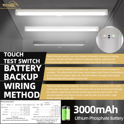 4FT LED Linear Strip Emergency Stairwell Light, 2 Watt Selectable, 20W/40W, 2500lm/5000lm, Battery Backup, 5000K, IP20, 0-10V Dimmable 4 Foot Flush Mount Commercial LED Shop Ceiling Light Fixture, ETL